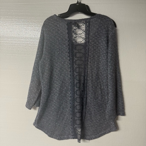 M Made In Italy Sweater Women L Blue Knit Sparkly Sequin V Neck Lace Floral Back - Picture 7 of 9